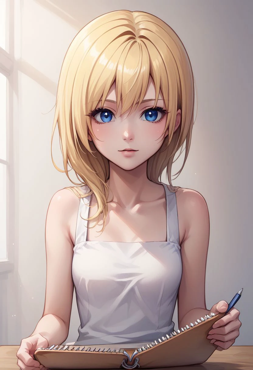 score_9, score_8_up, source_anime, highly detailed, 1girl, 
namine, 1girl, solo, blonde hair, blue eyes, long hair, looking at viewer, sketchbook,
bare shoulders, upper body,
indoor,