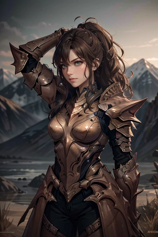 <lora:HXarmour_067:0.8>,MOUNTAIN,Hands behind head,, hxarmour,1girl,(light brown armour:1.3),, ultra-detailed,extremely delicate and beautiful,(by exquisite colors block),masterpiece,best quality,unreal engine 5 rendering,movie light,movie lens,movie special effects,detailed details,HDR,UHD,8K,CG wallpaper,