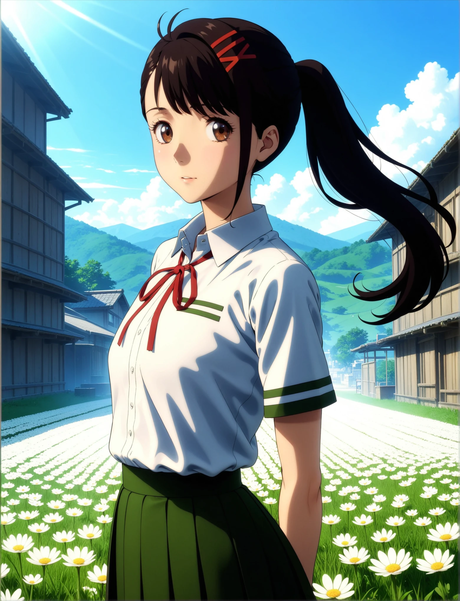 masterpiece, best quality, very aesthetic, ultra detailed, intricate details, 4k, anime style,
1girl, solo, cover, eyelashes, brown eyes, black hair, long hair, ponytail, bangs, hairclip, iwato suzume,
shirt, white shirt, short sleeves, school uniform, collared shirt, ribbon, skirt, neck ribbon, pleated skirt, red ribbon, green skirt, 
upper body, looking at viewer, arms behind back, outdoors, grass, flowers, field, flower field, sunlight, sky, blue sky, wind, <lora:Iwato_XL:1>