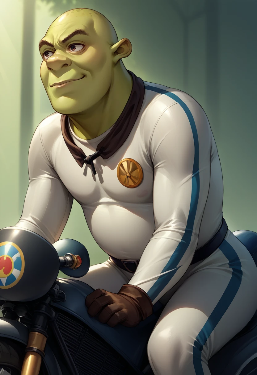 score_9, score_8_up, score_7_up, source_anime, bikesuit, biker clothes, white bodysuit, black belt, <lora:BikesuitsMario_XLPD:1.25>, 1boy,  <lora:Shrek_XLPD:0.8> shrek, green skin, smirk, bald, sitting, leaning forward, on motorcycle,