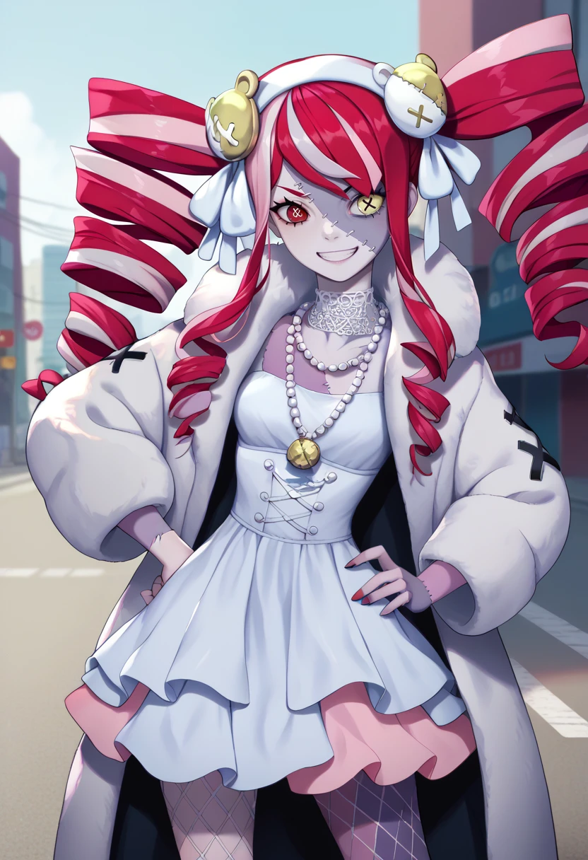 score_9, score_8_up, score_7_up, source_anime, solo, 1girl, kureiji3rd, zombie, two-tone skin, patchwork skin, stitches, stitched face, stitched arm, grin, looking at viewer, standing, hand on own hip, multicolored hair, red hair, pink hair, white hair, grey hair, twin drills, white hairband, heterochromia, red eyes, yellow eyes, mismatched pupils, diamond-shaped pupils, x-shaped pupils, white coat, fur coat, white dress, fishnet pantyhose, pearl necklace, outdoors, city street <lora:hololive_kureijiollie_ponyXL:1>