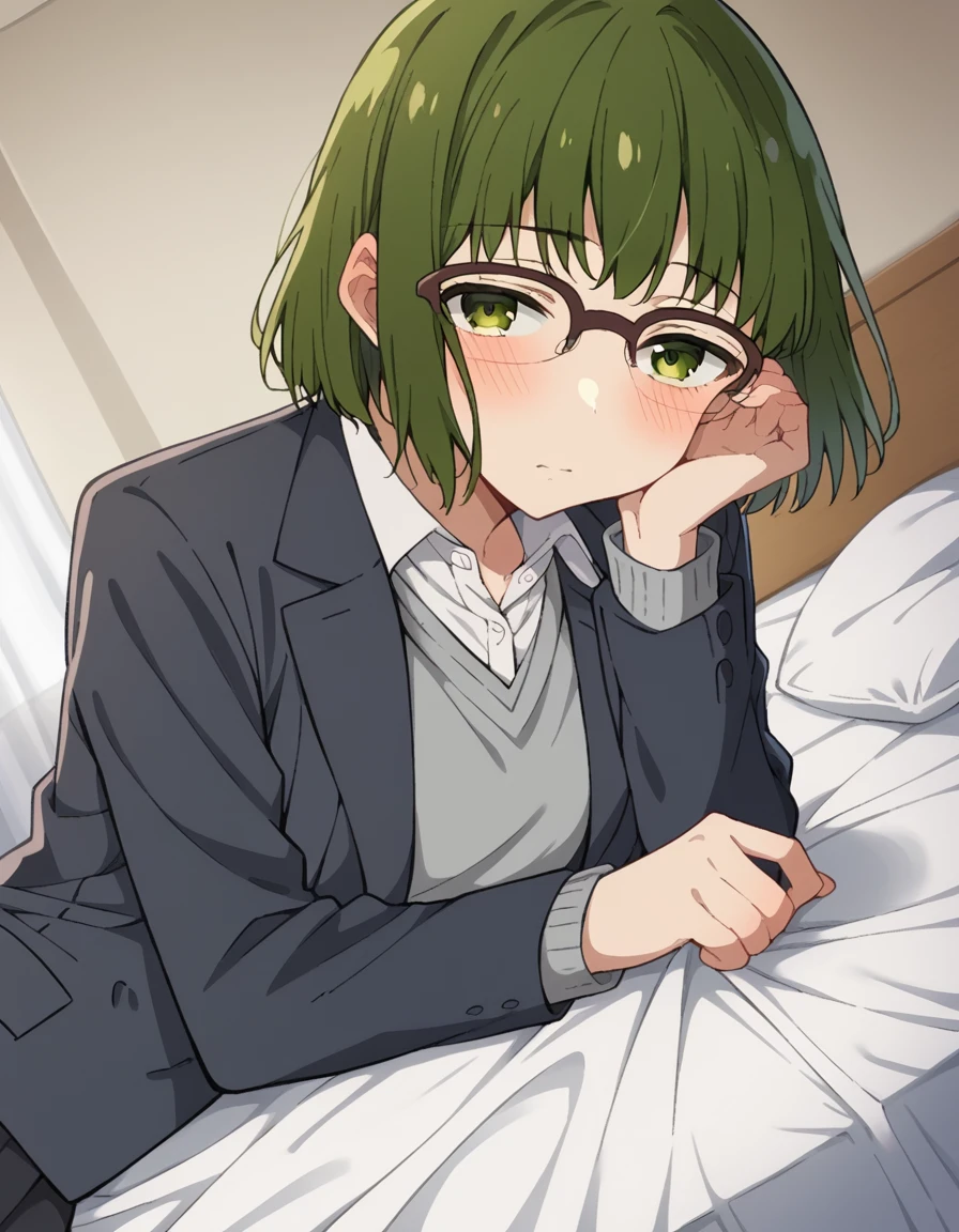 score_9, score_8_up, score_7_up, source_anime,
sakurakouno, <lora:sakura-kouno-s2-ponyxl-lora-nochekaiser:1>,
sakura kouno, short hair, bangs, green eyes, green hair, glasses, semi-rimless eyewear, over-rim eyewear,
shirt, school uniform, jacket, collared shirt, blazer, sweater, grey sweater, white shirt, black blazer, skirt, black skirt,
indoors, bed, bed room, on side, blush, drunk,
cowboy shot, looking at viewer, solo, dutch angle,