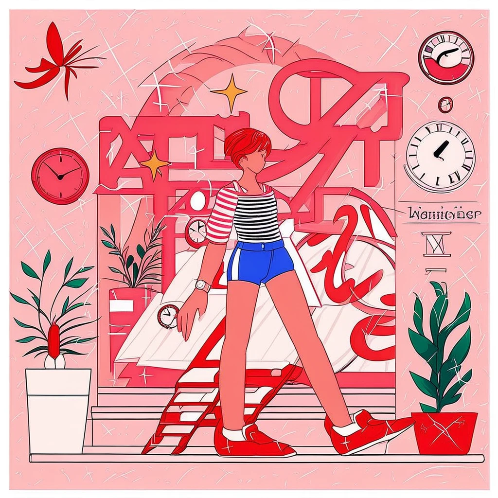 red footwear, artist name, white pants, blue shorts, white border, bug, clock, white shorts, very short hair, potted plant, striped shirt, dress, pink theme, sparkle, wristwatch