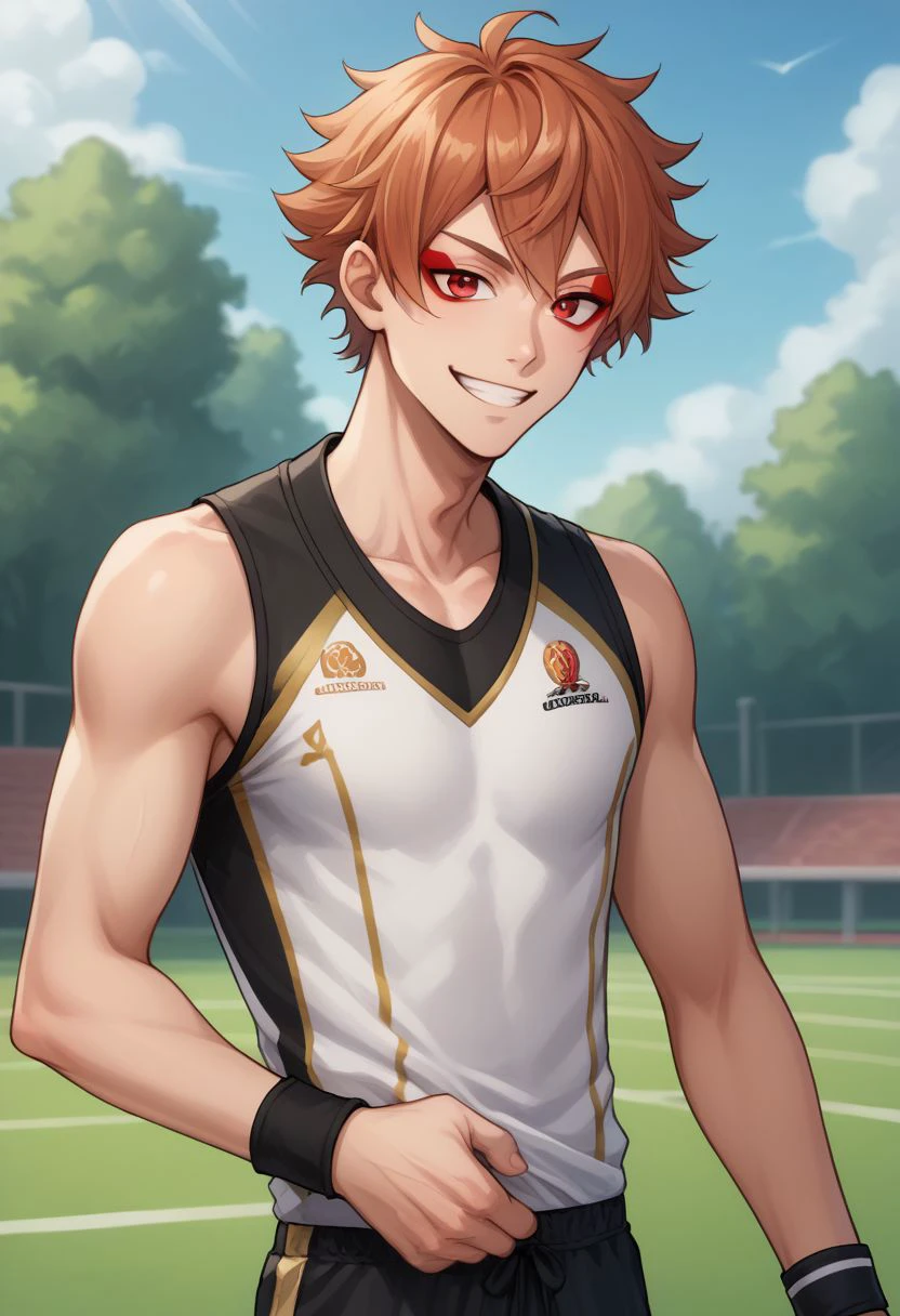 score_9, score_8_up, source_anime, highly detailed, 1boy, male_focus, slender, skinny, upper body,
ace, 1boy, male focus,  solo, sportswear, black sportwear, shorts, red eyes, wristband, black short,
outdoor, smile, thumb up.