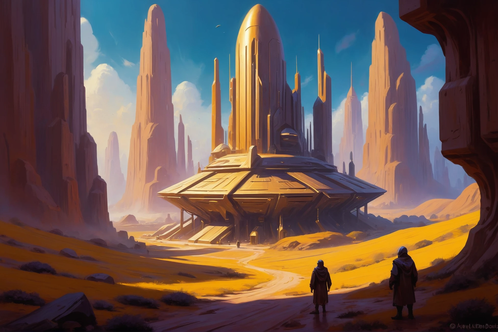 digital painting, scifi city, Alchemist's Gold Field<lora:EnvyStarlightScifiAesthetic13:1>