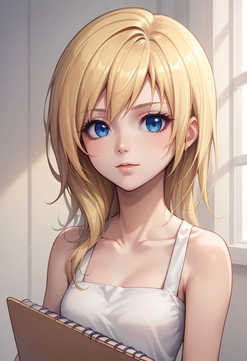 score_9, score_8_up, source_anime, highly detailed, 1girl, 
namine, 1girl, solo, blonde hair, blue eyes, long hair, looking at viewer, sketchbook,
bare shoulders, upper body,
indoor,