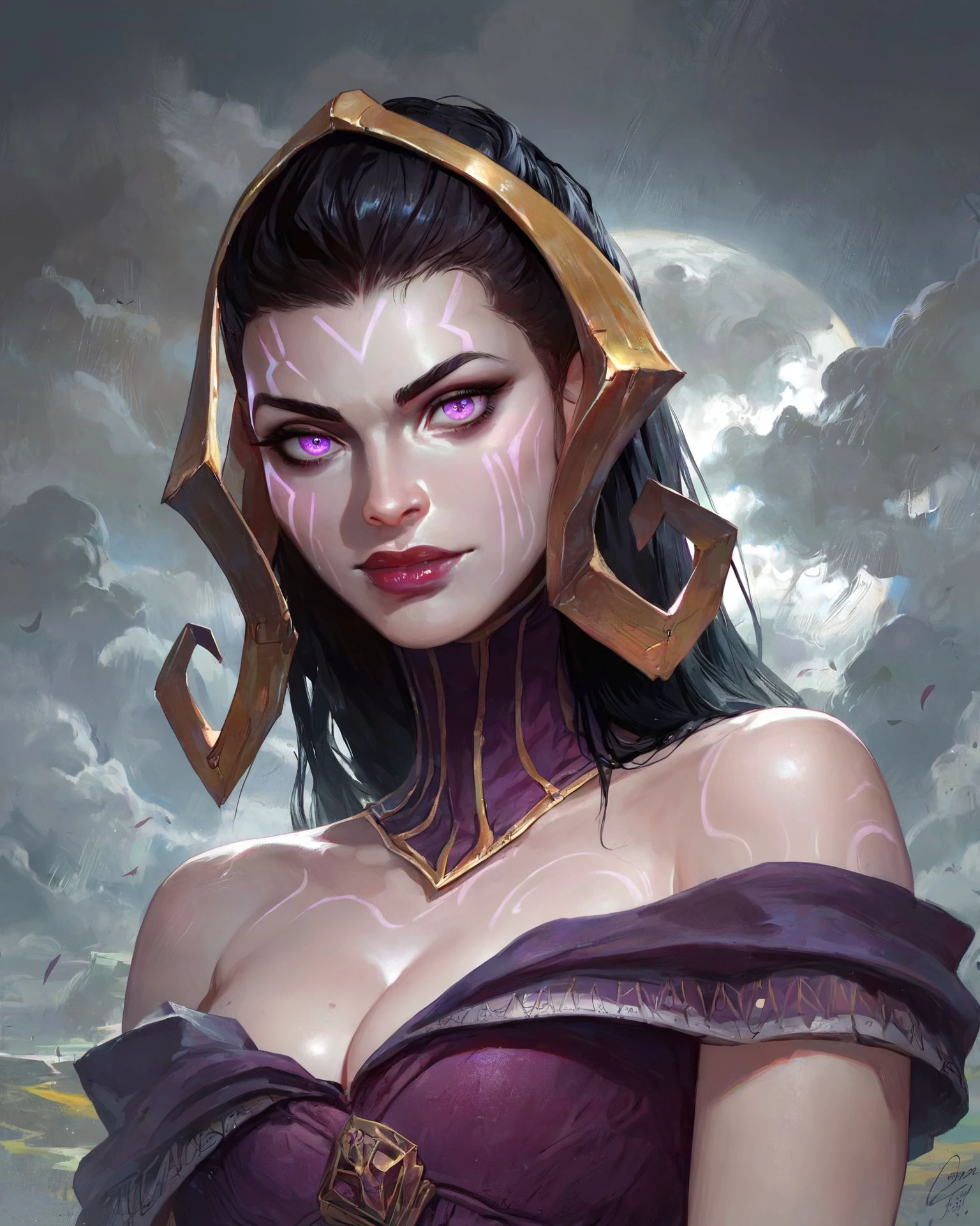 <lora:lilianavess_pny:0.8> lilianavess, 1girl, looking at viewer, black hair, purple eyes, pale skin, lipstick, glowing, facial mark, purple dress, bare shoulders, cleavage, outdoors, overcast, dark, close-up, score_9, score_8_up, score_7_up, score_6_up, score_5_up, score_4_up, ponypositive,