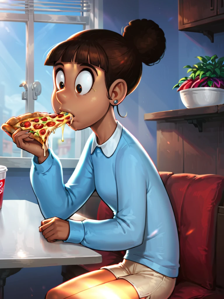 score_9, score_8_up, score_7_up, score_6_up, score_5_up, score_4_up, 1girl, source_anime, marsha_bunnicula, hair bun, blue collared shirt, long sleeves, tan shorts, sitting, eating pizza, booth seating, restaurant, detailed face, detailed eyes, detailed background, <lora:marsha-v1:1>