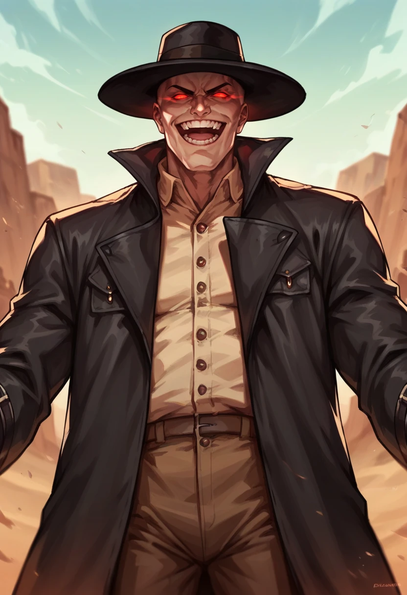 score_9, score_8_up, score_8, source_anime, 1boy, <lora:Caleb:0.7> solo, red eyes, glowing eyes, no hair, bald, evil laugh, trench coat, black coat, hat, view from below,
desert background, blurry background,