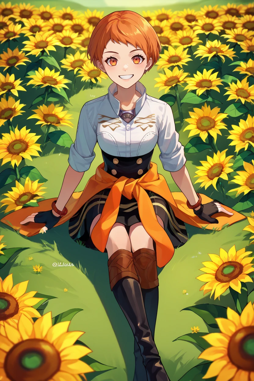 score_9, score_8_up, score_7_up, score_6_up, source_anime, BREAK 1girl, <lora:leonie-pdxl-nvwls-v1-000005:1> defLeonie, short hair, orange hair, orange eyes, white shirt, high-waist skirt, black skirt, clothes around waist, black gloves, fingerless gloves, boots, field, looking at you, smile, grin, happy, sitting, sunflower