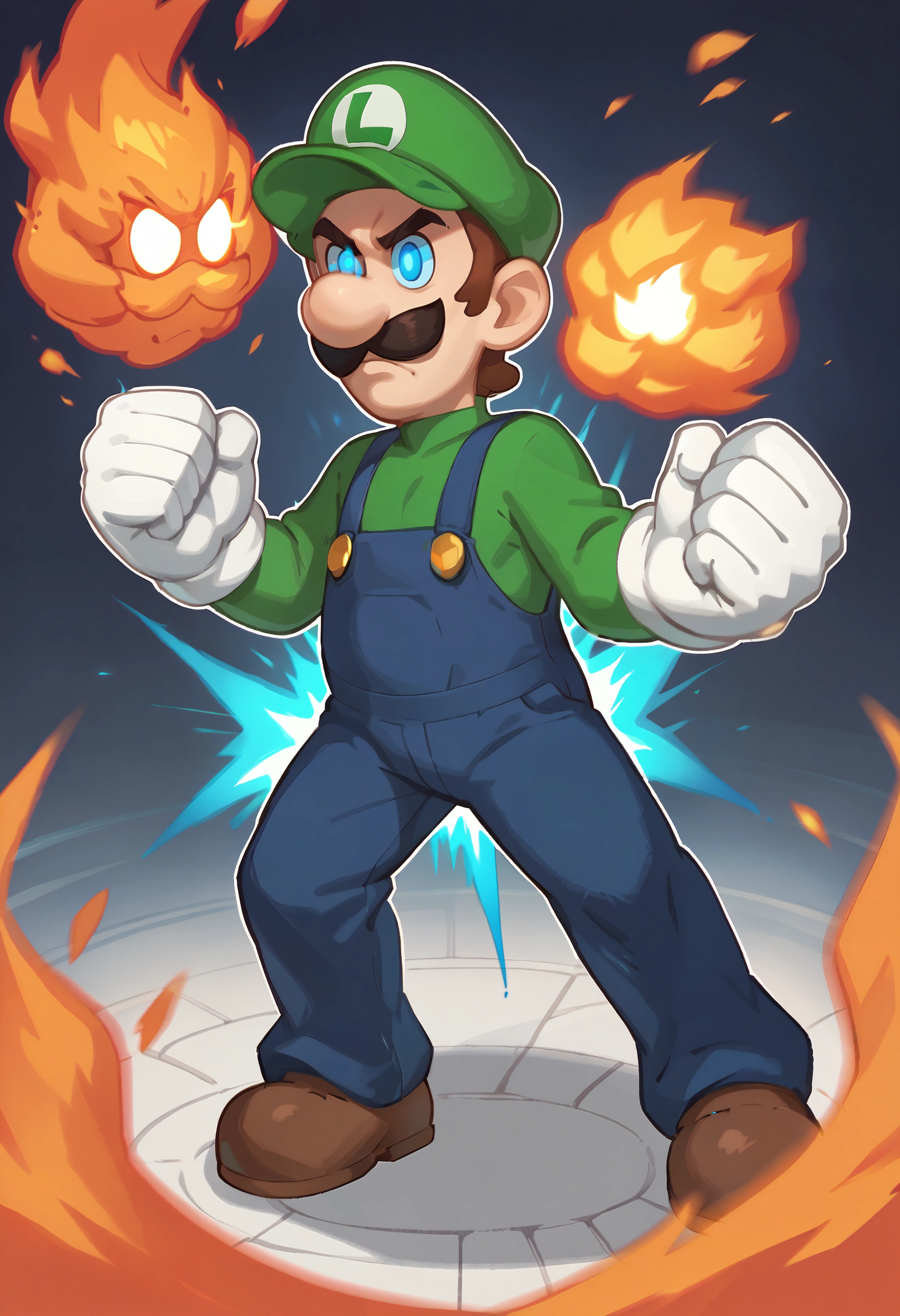 score_9, score_8_up, score_7_up, score_6_up BREAK solo,male focus,dynamic pose,magic,glowing eyes, incrsluigi,luigi,green headwear, blue overalls, white gloves, long sleeves,serious,casting spell,fire,fireball,motion blur,aura,clenched hands,fighting stance <lora:Luigi_XLPD:0.8>