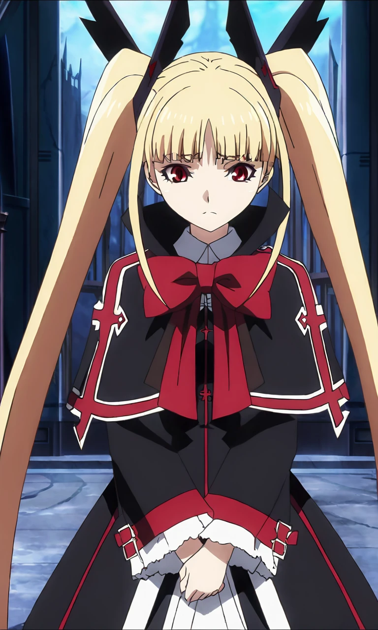 anime artwork illustrating RachelAlucardBB, 1girl, solo, long hair, bangs, blonde hair, red eyes, bow, twintails, black dress. created by japanese anime studio. highly emotional. best quality, high resolution