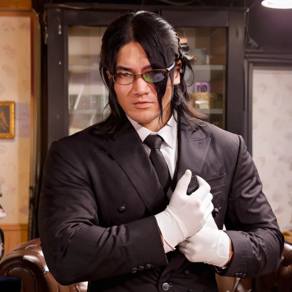The image is a authentic style of a male who is dressed in a Gentleman's Clothing and tie. He features long hair and glasses. <lora:yareayare:0.8>, gloves, <lora:kanzon2.0:0.75>,hair covering eyes,muscular, strong