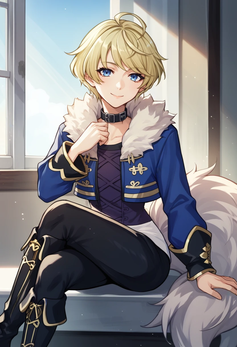 score_9, score_8_up, score_7_up, source_anime, 1girl, sitting, smile, crossed legs, looking at viewer, BREAK <lora:MerrinFE-pdxl:1> casMerrin, short hair, ahoge, black choker, fur-trimmed jacket, cropped jacket, long sleeves, purple shirt, black pants, black knee boots, wolf tail, indoors, window, sunlight