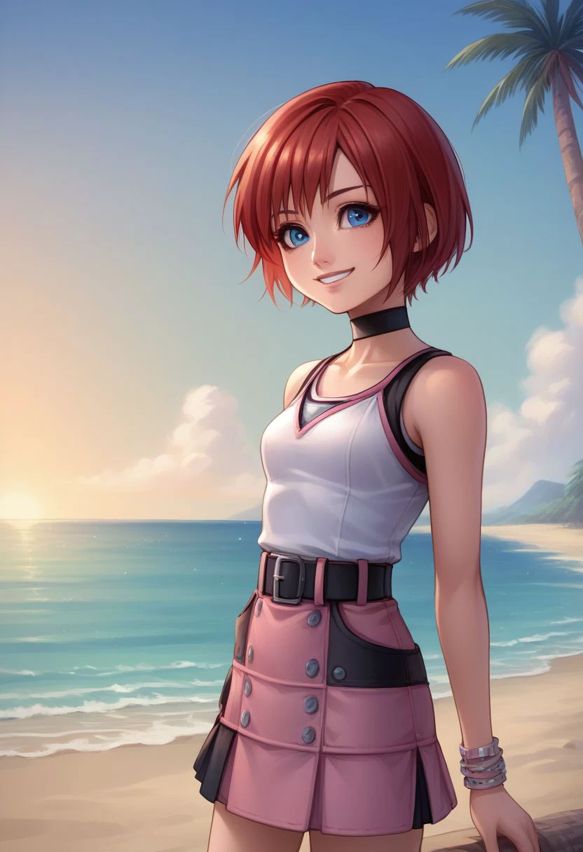 score_9, score_8_up, source_anime, highly detailed, 1girl, solo, human ,
kairi, 1girl, solo, blue eyes, red hair, short hair, skirt, smile, choker, belt,
full body, jewelry, human childer body,
outdoor, beach, palm,