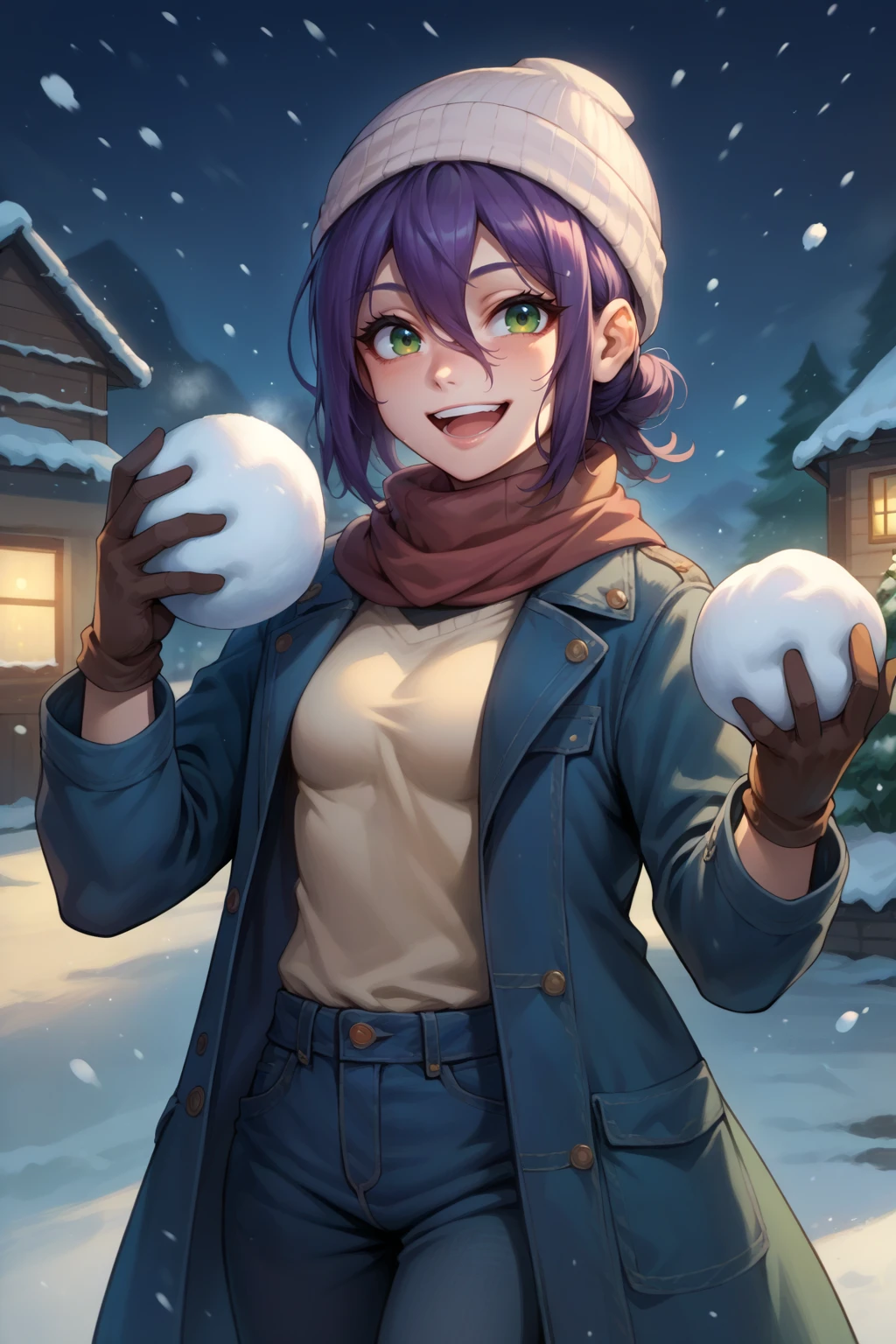 score_9, score_8_up, score_7_up, source_anime, cowboy shot, looking at viewer, laughing, csmrz, small breasts, medium hair, purple hair, green eyes, hair bun, beanie, denim jacket, turtleneck, scarf, gloves, holding snowball, outdoors, snowing, <lora:Hoseki_ChainsawMan_Reze_PDXL_v1:1>