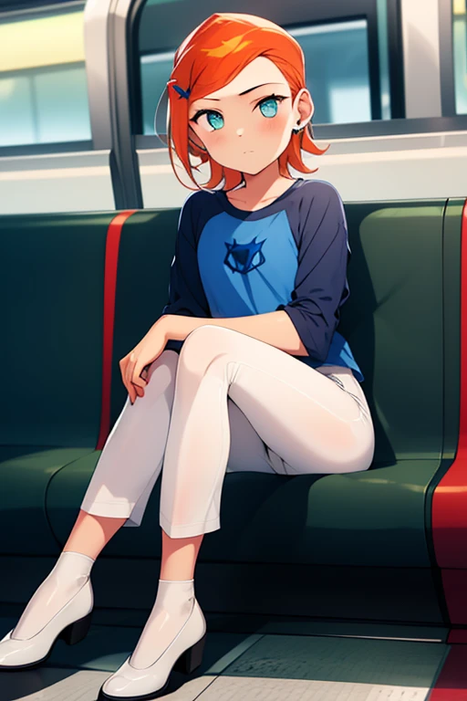 <lora:osgwen-01:1> 1girl, gwen, hair ornament, blue shirt, white pants, sitting inside a metro, full body