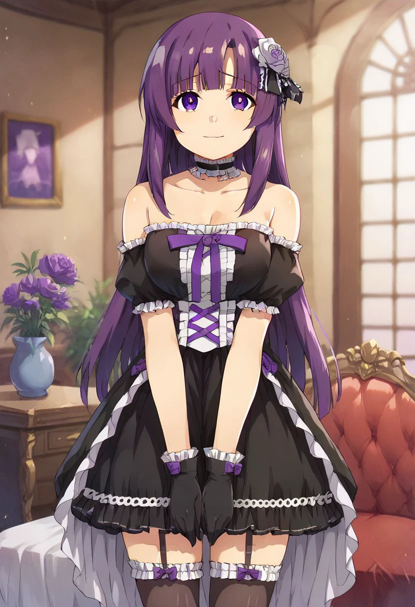 score_9, score_8_up, score_7_up, solo, 1girl, source_anime, masterpiece, depth of field, ultra detailed, beautiful detailed face, best quality, 8k, BREAK
fern, long hair, bangs, purple eyes, purple hair, sidelocks, blunt bangs, bright pupils, half updo,big breasts, 
happy smile, indoors, Gothic dress, gloves, garter straps, thighhigh, zettai ryouiki, bare shoulders, black gloves, frills, strapless, hair ornament, choker