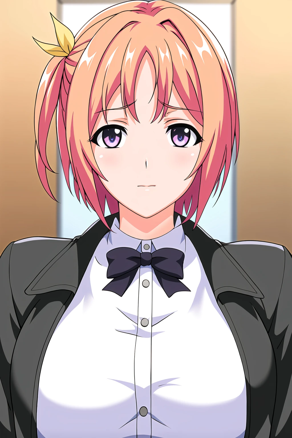 Simple White Background,
dynamic pose,standing at attention,
black jacket ,white shirt,long sleeves,
<lora:Hiiragi_Kururu_MankitsuHappening-KK77-V2:0.7>,
blue eyes, pink hair,bangs,hair ribbon, short hair, single side ponytail,
<lora:Oda_Non_Style-KK77-V2:0.3>,<lora:more_details:0.1>,
1 girl, 20yo,Young female,Beautiful long legs,Beautiful body,
Beautiful Nose,Beautiful character design, perfect eyes, perfect face,expressive eyes,perfect balance,
looking at viewer,(Focus on her face),closed mouth, (innocent_big_eyes:1.0),(Light_Smile:0.3),
official art,extremely detailed CG unity 8k wallpaper, perfect lighting,Colorful, Bright_Front_face_Lighting,White skin,
(masterpiece:1.0),(best_quality:1.0), ultra high res,4K,ultra-detailed,
photography, 8K, HDR, highres, absurdres:1.2, Kodak portra 400, film grain, blurry background, bokeh:1.2, lens flare, (vibrant_color:1.2),professional photograph,
(Beautiful,large_Breasts:1.4), (beautiful_face:1.5),(narrow_waist),