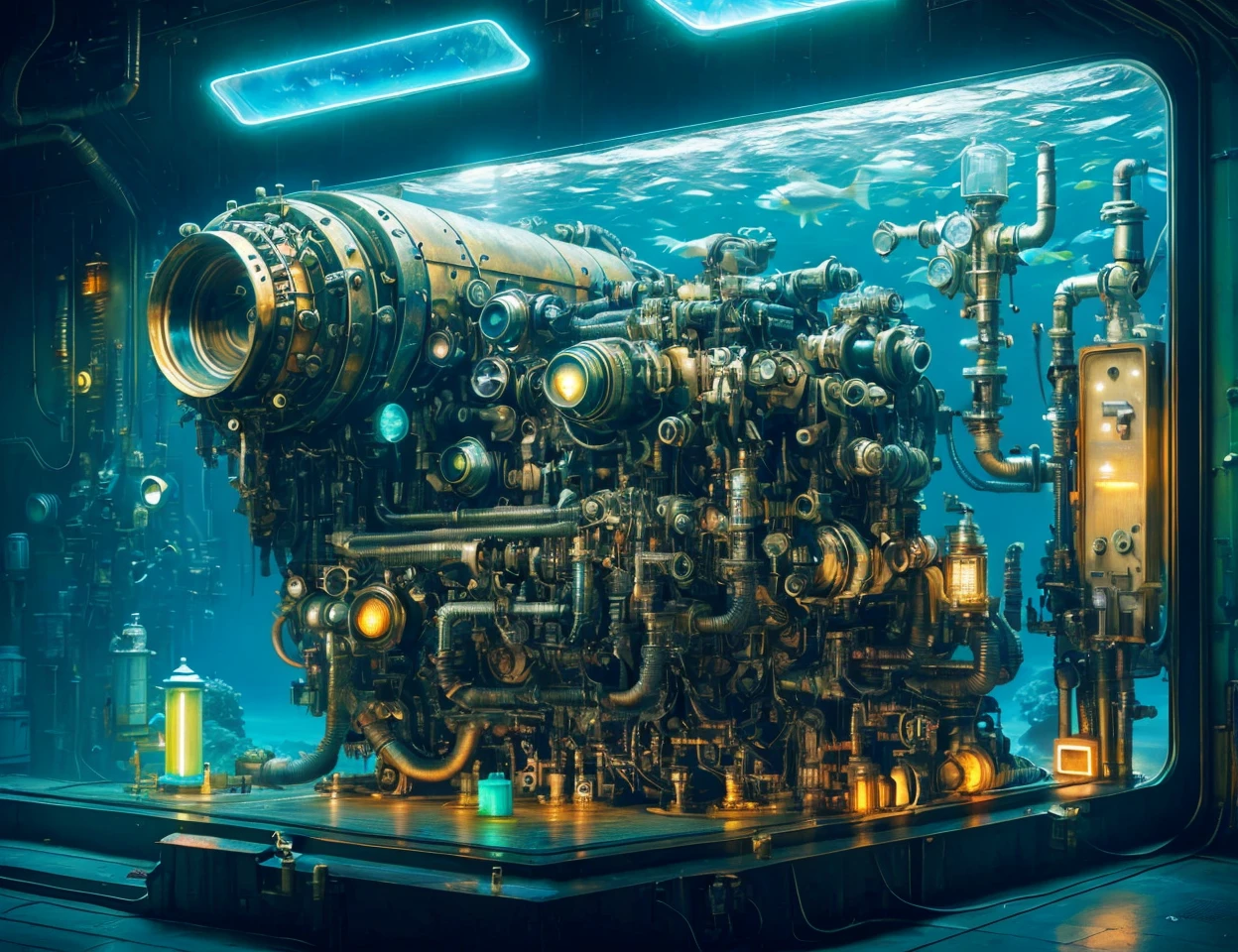 masterpiece, DonMW4573L4nd scifi compact the sea star (the deep), engine air intake, solar-control glass, neon lights, custom valve stem caps, brass, imposing, porous texture, , <lora:DonMW4573L4nd:1>