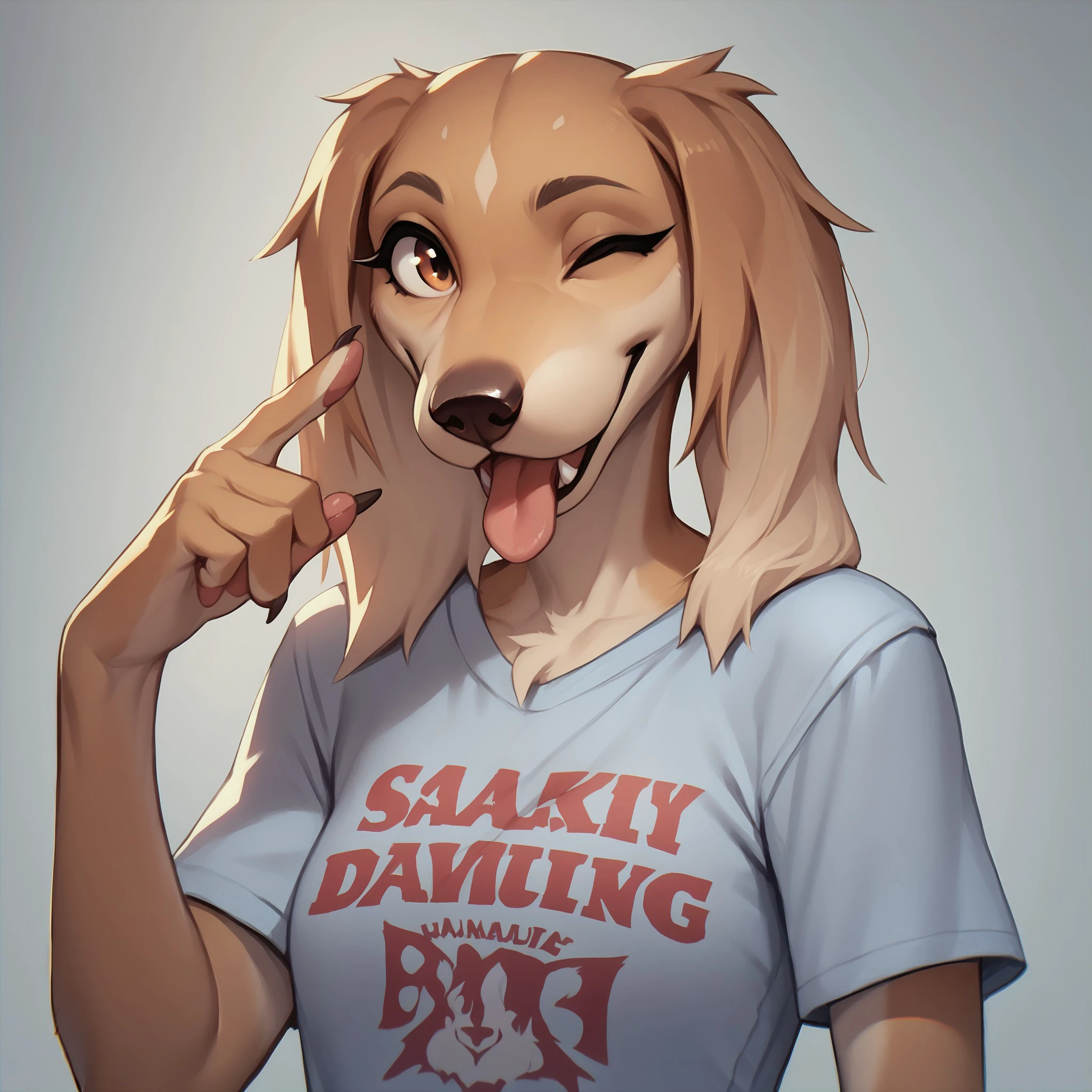 score_9, score_8_up, score_7_up, furry, 1girl, saluki, t-shirt, blep, one eye closed, tongue, <lora:SalukiPonyXL:1>