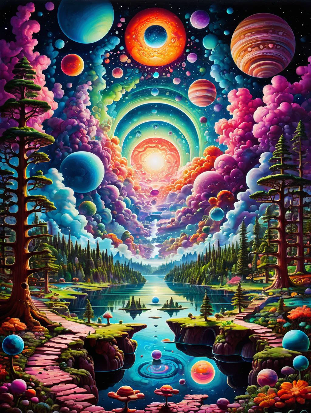 a detailed painting of a surreal landscape of a lake, trees, clouds and planets of psychedelic universe
PsyLand<lora:Psy_Land_XL:0.5>