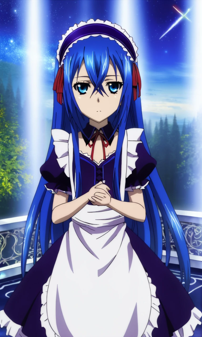 astarte\(strike the blood\),1girl,blue eyes,blue hair,straight hair,hair between eyes,long hair,flat chested,maid dress,red ribbon,apron, astarte\(strike the blood\),1girl,blue eyes,blue hair,straight hair,hair between eyes,long hair,flat chested,maid dress,red ribbon,apron, heavenly, celestial, generous, loving, elegant, intricate, highly detailed, professional focus, quality, excellent composition, dramatic light, beautiful futuristic background, enhanced perfect, pretty