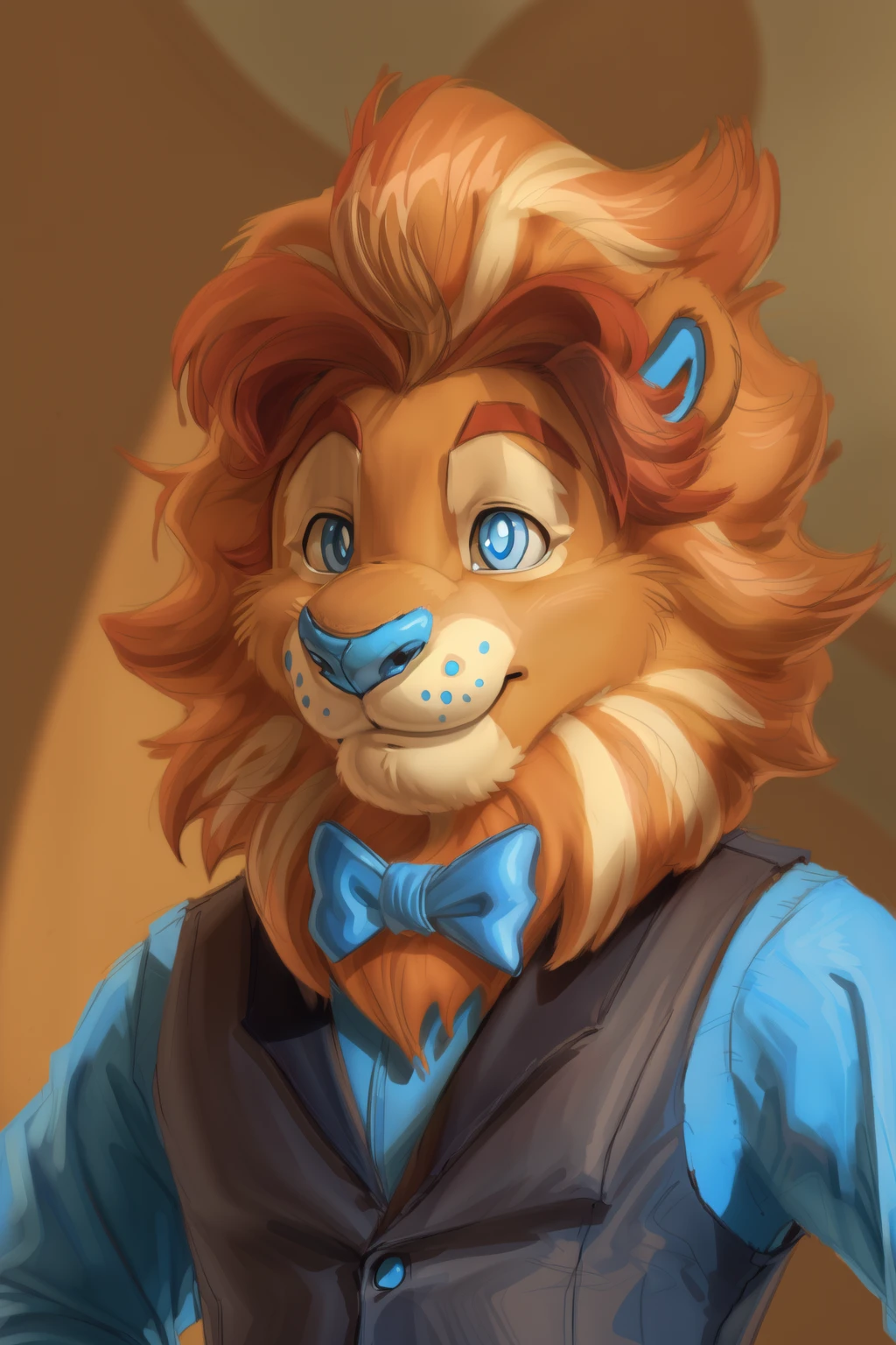 <lora:lloyd-09:1>, lloydip, blue eyes, blue nose, mane, tail, solo, (pinup), (pose), (soft shading), 4k, hi res, ((detailed face, detailed eyes)), toony, cartoon style, cartoon, smile, vest, shirt, bow tie,