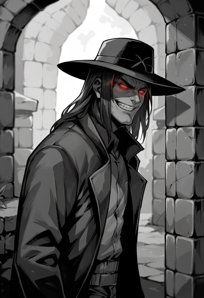 score_9, score_8_up, score_8, source_anime, 1boy, <lora:Caleb:0.8> black hat, solo, red eyes, glowing eyes, black coat, long hair, smirk, teeth, side view,
catacomb background, stone wall, blurry background, monochrome,