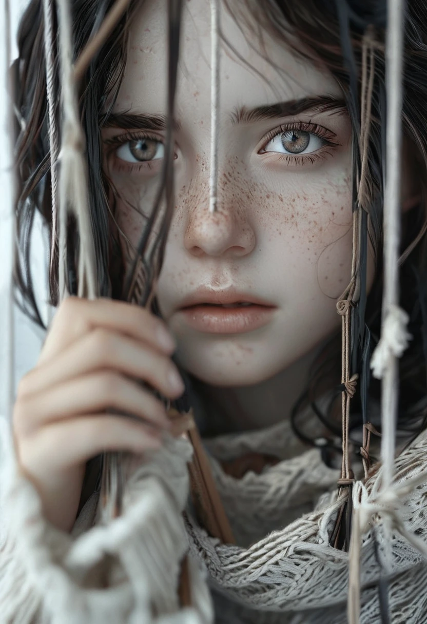 photography, cinematic, a young girl looking through strings with freckles on her face and eyes, as if she were playing hide
 highly detailed, very realistic    <lora:potrait-woman-chery-step00001200:0.7>