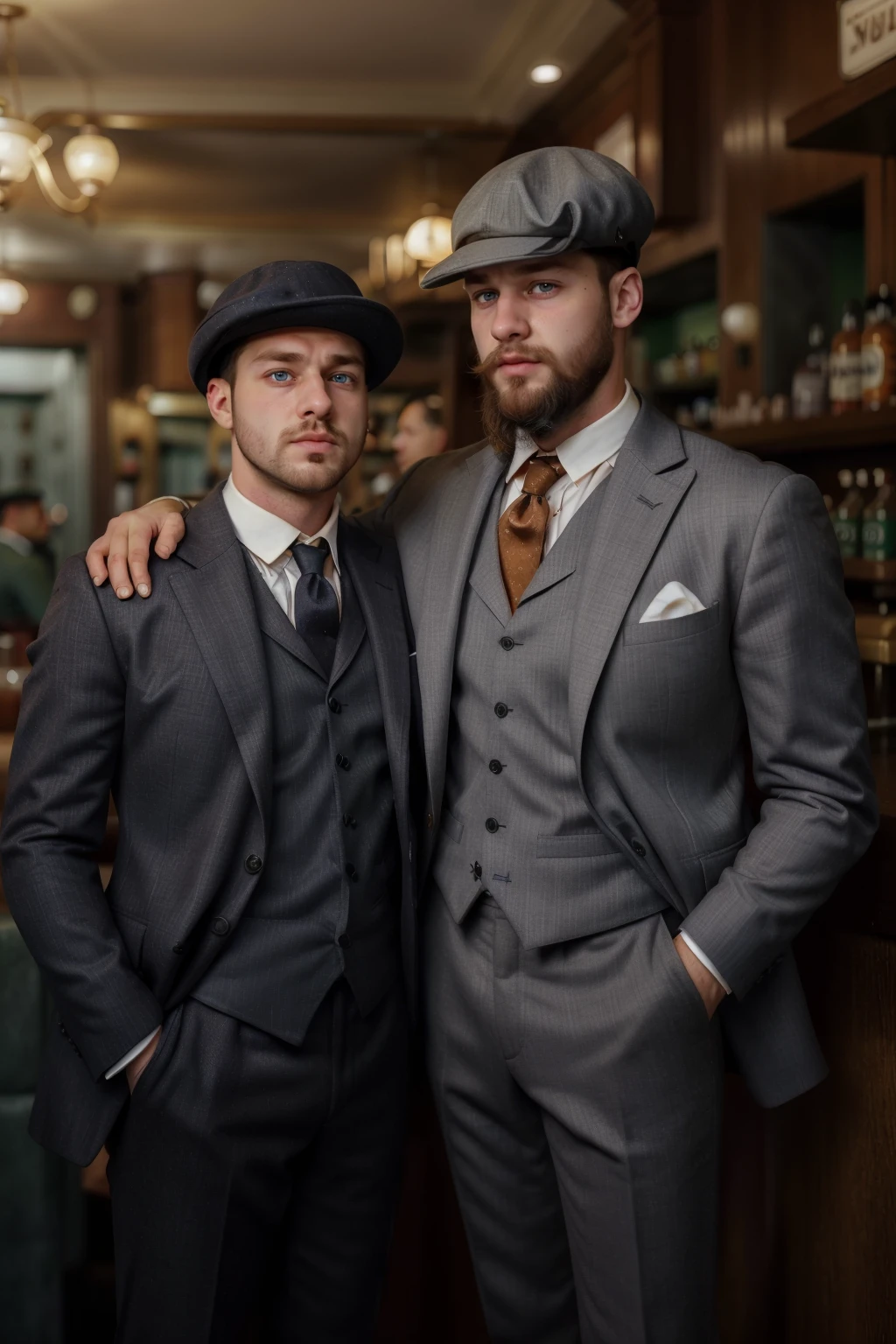 1920s Fashion, professional photo of ((((group) of 30yo men) with beards)) in suits, short hair, hats, 4k, 8k, high quality, perfect lighting, detailed face and detailed eyes, skin detail, solo focus, photography raw, (standing ((together)) in a 1920s bar), perfect lighting, clean smooth skin, (full bodies), looking at camera, detailed eyes, burly faces, <lora:1920s-000002:0.7>, photoshoot, next to eachother, male, manly