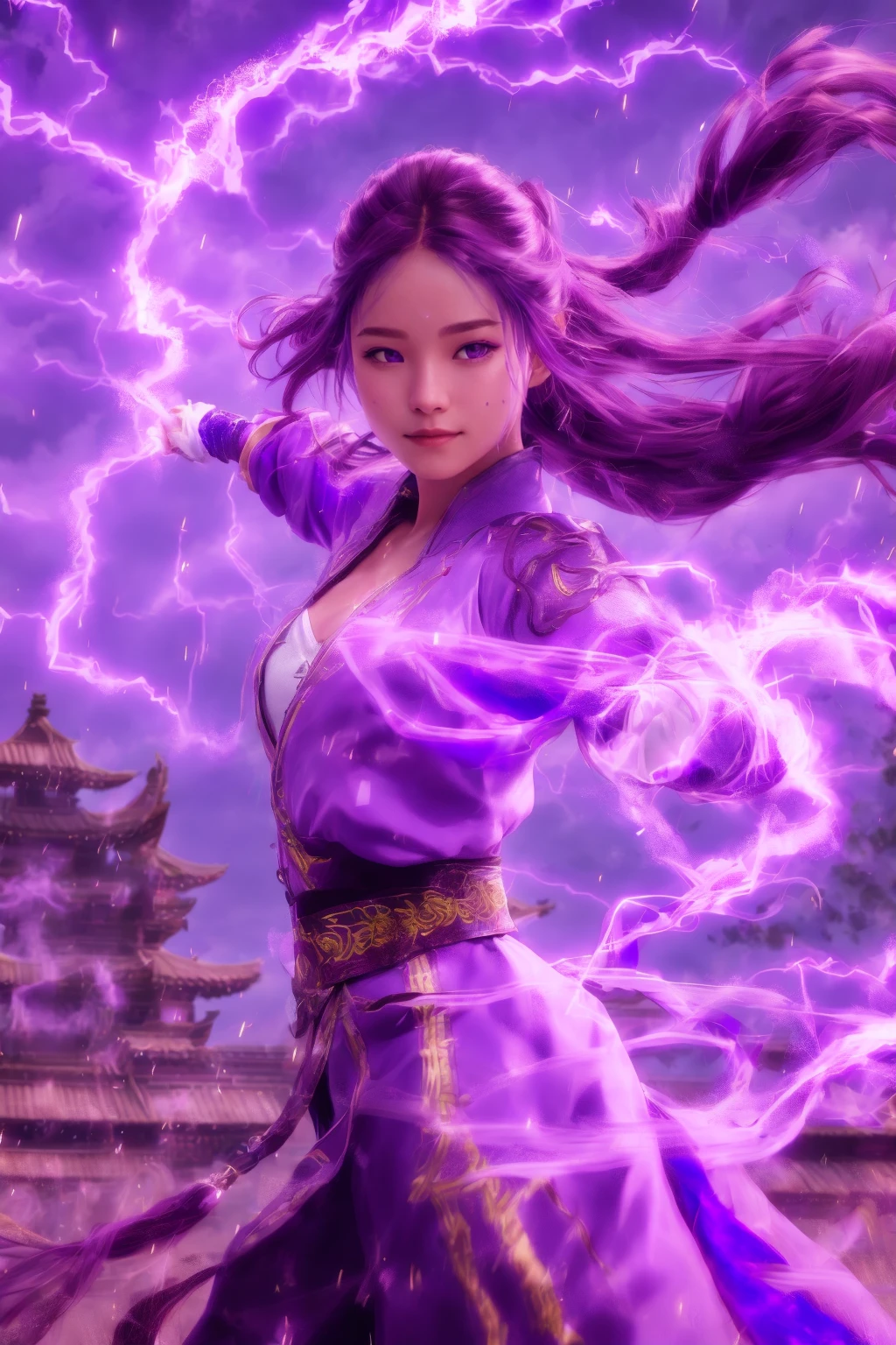 purple-lightning-aura,using purple-lightning-magic,purple-lightning-magic,ancient-costume,dancing,fighting stance,1girl,solo,long hair,brown hair,<lora:magic_fighting_purple_512_dreamshaper_8:0.8>,