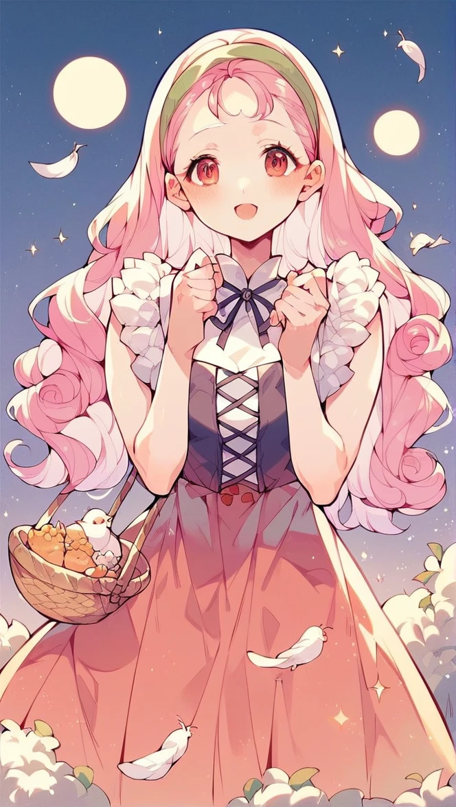 score_9, score_8_up, score_7_up, score_6_up, score_5_up, <lora:pupuri:1>solo,pupuri,white feather dress,wide hips,sleeveless, pink_hair, harvest_moon, standing, beautiful, cute,holding chicken hen harvest moon,