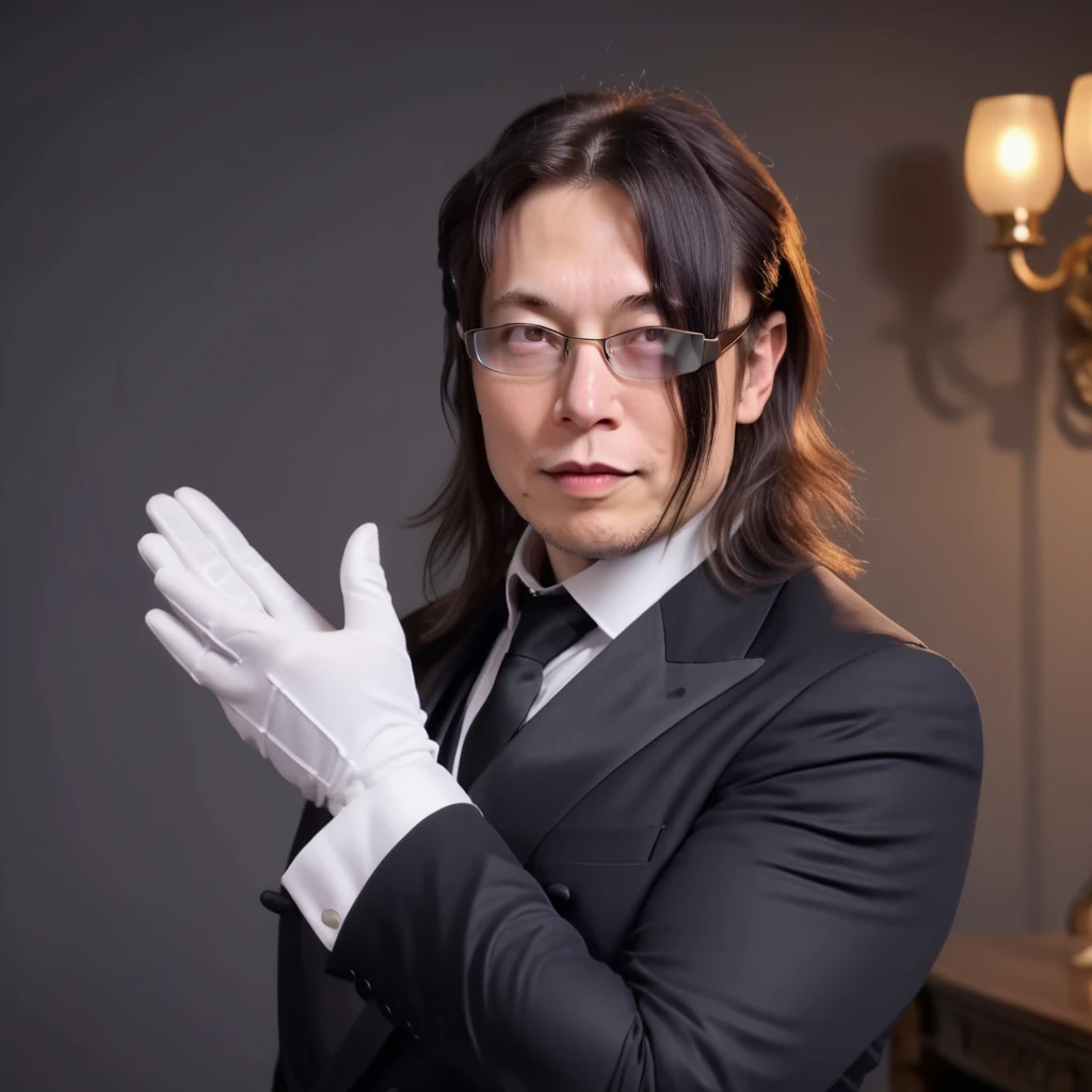 Elon Musk,Generate a realistic image of a male butler with long hair covering his eyes, wearing formal attire and gloves, and glasses. He is extending his hand towards the camera in an inviting gesture with his palm facing upwards. <lora:yareayare:0.75>