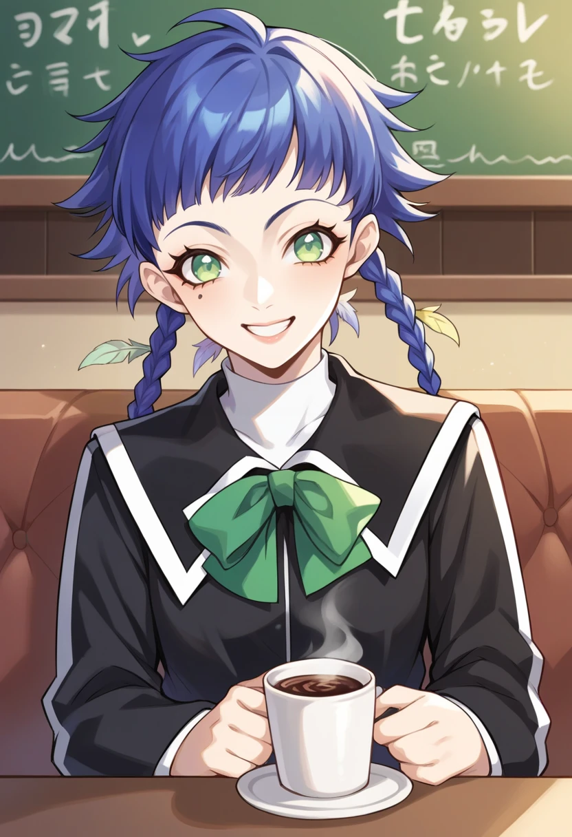 score_9, score_8_up, score_7_up, source_anime BREAK 1girl, solo,   <lora:zs_ChikaXL:1> chikap2, blue hair, short hair, twin braids, green eyes, mole under eye, black school uniform, skirt, green bow
cowboy shot, cafe, looking at viewer, smile, holding coffee