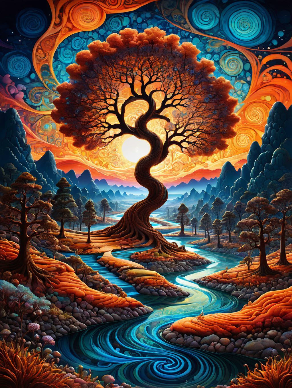 a painting of a tree and a river in the middle of a highly detailed psychedelic landscape, orange and blue swirling clouds
PsyLand<lora:Psy_Land_XL:0.5>