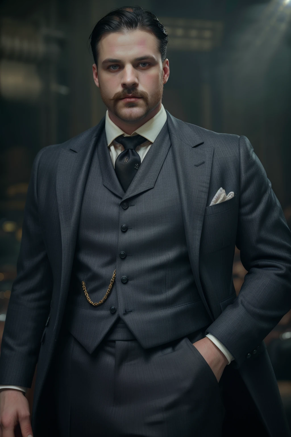 1920s Fashion, professional photo of luxury strong burly male baron with , royal suit, close-up, portrait, 4k, 8k, high quality, perfect lighting, detailed face and detailed eyes, skin detail, solo focus, photography raw, (club), studio lighting, full body, looking at camera <lora:1920s-000002:0.7>, detailed eyes, pretty face, full body
