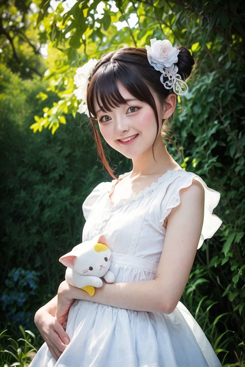 Pozitive_Pony_zPDXL, score_9, score_8_up, score_7_up, score_6_up, masterpiece, ultra detailed, high quality || 1girl, <lora:seeu:1.15> seeu, child, cosplay, 1girl, looking at viewer, solo, smile, black hair, shy, outdoors, cute white dress, cowboy shot, holding cat