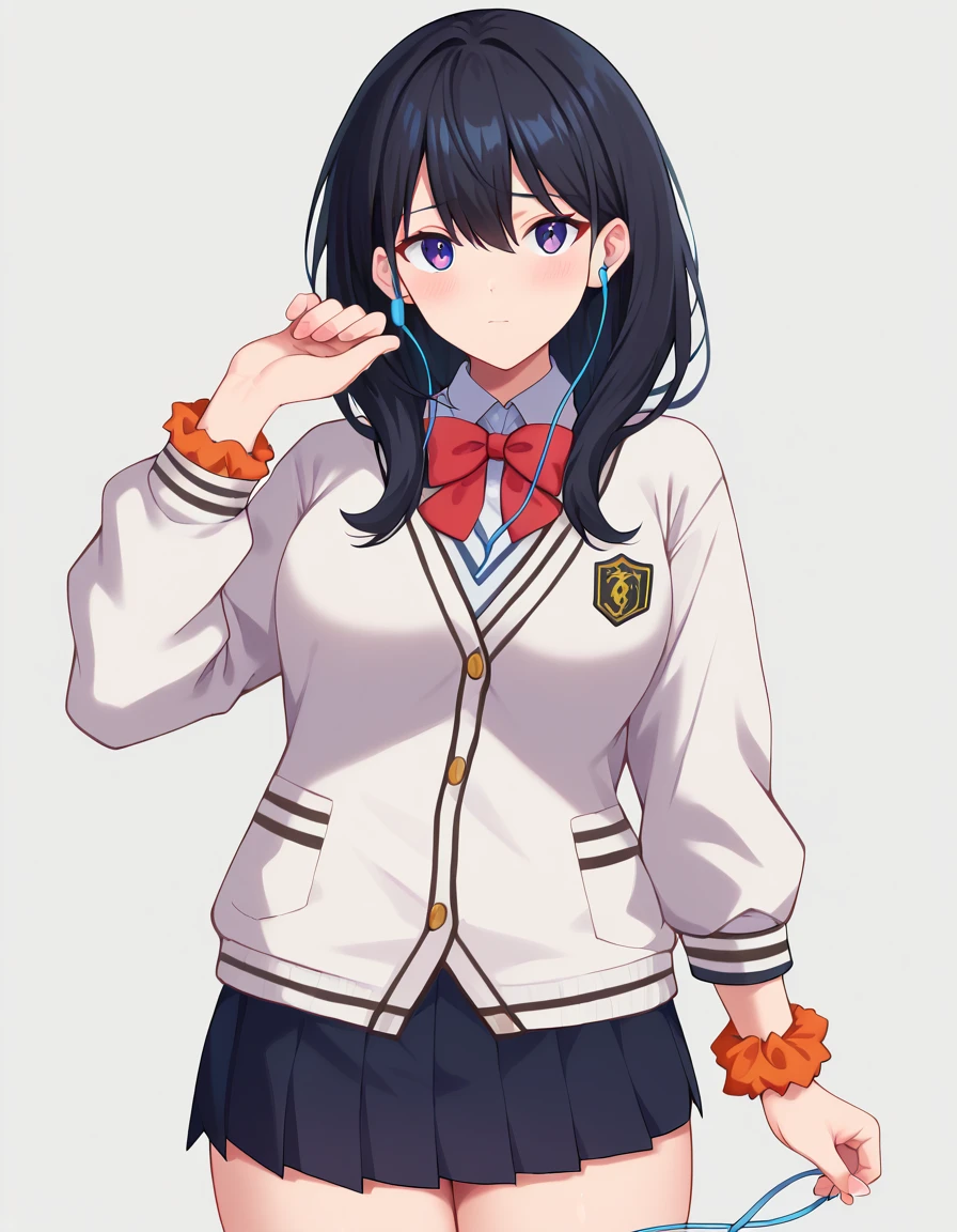 score_9, score_7_up, BREAK ,rating_explicit,
rikkascho, 1girl, solo, wrist scrunchie, orange scrunchie, scrunchie, earphones, long hair, black hair, bow, black skirt, red bow, long sleeves, bangs, pleated skirt, grey background, white cardigan, shirt, looking at viewer, simple background, white shirt, school uniform, purple eyes, closed mouth, collared shirt, thighs, hand up, earbuds, bowtie, white background, standing, blush, holding, blue eyes, miniskirt, red bowtie, hair between eyes, white sweater, sweater, breasts<lora:takarada_rikka XL CAME:1>