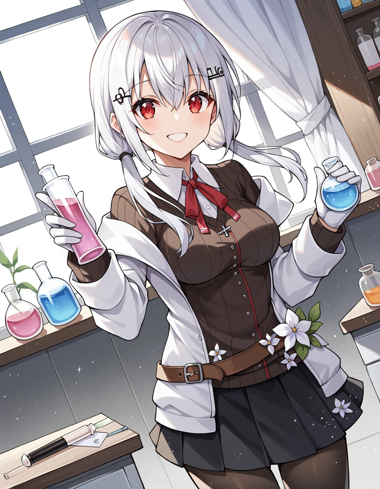 score_9, score_8_up, score_7_up, source_anime, rating_safe, BREAK <lora:fuyukiHakaseXL_LoRA-C3Lier_AdamW_Dim16_Alpha16_UN-3e-4_TE-1.5e-4_10batch_ponyDiffusionV6XL_v6StartWithThisOne:1>, hakase fuyuki, 1girl, virtual youtuber, red eyes, white hair, short hair with long locks, low twintails, sidelocks, medium breasts, hairclip, neck ribbon, red ribbon, black sweater, collared shirt, open jacket, white jacket, flower, brown belt, long sleeves, sleeves past wrists, white gloves, pleated skirt, black skirt, test tube, round-bottom flask, black pantyhose, standing, smile, happy, dutch angle, holding flask, light particles, light rays, laboratory, window, window shade