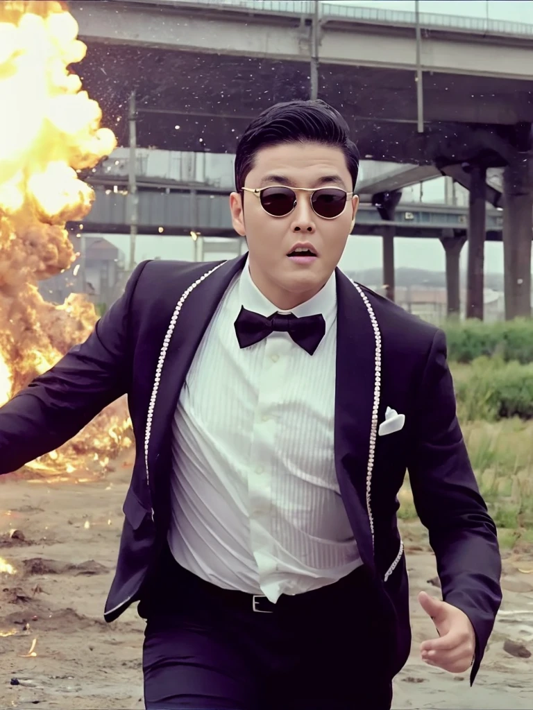 beautiful photo, take a photo, solo, short hair, shirt, brown hair, 1boy, bow, closed mouth, jacket, white shirt, upper body, male focus, bowtie, lips, sunglasses, formal, suit, realistic, explosion, traditional bowtie, tuxedo, kooo123, <lora:PSY_GA_STYLE_v1:0.8>