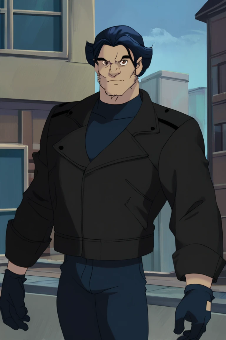 score_9, score_8_up, score_7_up, logan, lebbjoutfit, 1boy, solo, male focus, mature male, short hair, dark blue hair, brown eyes, thick eyebrows, facial hair, stubble, sideburns, muscular, black jacket, long sleeves, dark blue turtleneck, dark blue pants, dark blue gloves, looking at viewer, standing, cowboy shot, outdoors, city, building <lora:Wolverine (Logan) X-Men Evolution v1.0 LoRA_Pony XL v6:0.9>