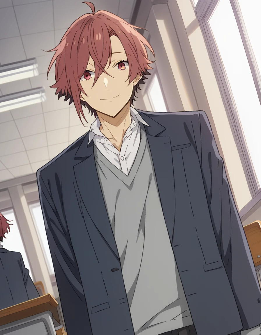 score_9, score_8_up, score_7_up, source_anime,
akaneyanagi,  <lora:akane-yanagi-s2-ponyxl-lora-nochekaiser:1>,
akane yanagi, red eyes, hair between eyes, ahoge, male focus, red hair,
shirt, long sleeves, school uniform, jacket, white shirt, open clothes, collared shirt, pants, sweater, open jacket, black jacket, blazer,
indoors, classroom, smile,
cowboy shot, looking at viewer, solo, dutch angle,