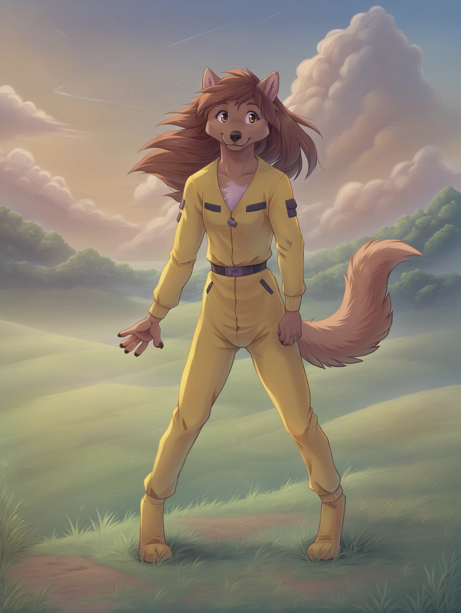 score_6_up, standing, happy, field, grass, outside, sky, clouds, <lora:FlorenceAmbrose_PonyXL_prototype:1> florenceambrose, solo, jumpsuit, (hands at sides)