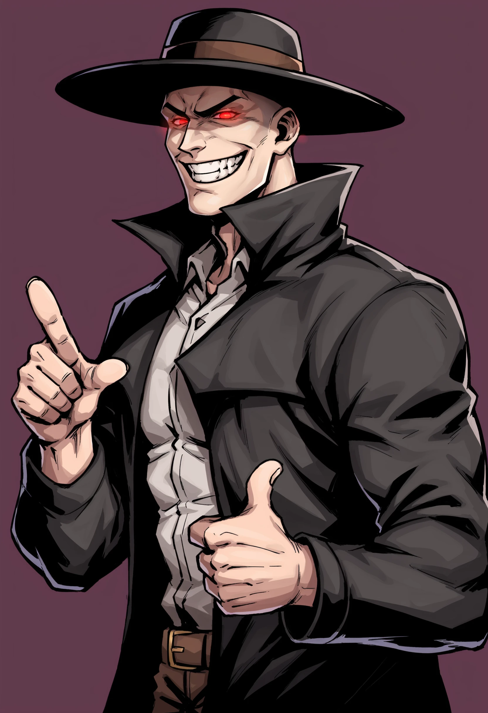 source_anime, 1boy, <lora:Caleb:0.8> solo, hat, black hat, wide brimmed hat, red eyes, glowing eyes, muscular male, black coat, no hair, bald, evil smile, view from side, pointing, 
purple background, simple background,,