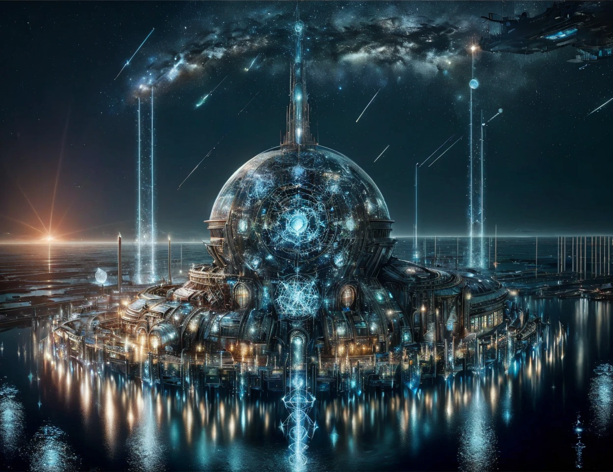 masterpiece, awesome quality, cinematic lighting, detailed, DonMT3chC057ruc7s spaceport, submerged roots,apocalyptic event,rooftop bar,perseid meteor shower , <lora:DonMT3chC057ruc7s:1>