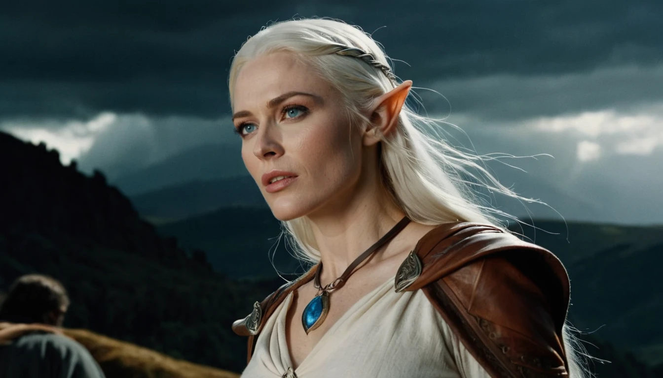 Cinematic Film Still,  Still from Lord of The Rings, Breathtakingly beautiful High Elf woman, elf ears, flowing white hair, vibrant blue eyes, pale skin, [light freckles], detailed skin texture, soft white tunic, leather belt, brown leather pants, elven amulet, elegant, looking at view, detailed facial features, complex scene, swirling portal of vivid colors open in the sky above, stormy weather, dramatic, cinematic lighting, centered, fantasy \(setting\), atmospheric, harmonious, soft focus, (extremely detailed), film grain, emotional, grainy, cowboy shot
