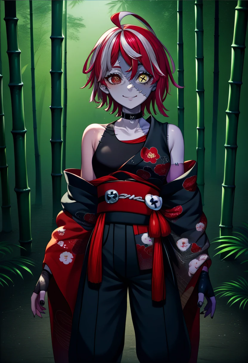 score_9, score_8_up, score_7_up, source_anime, solo, 1girl, kureijinewyr, zombie, two-tone skin, patchwork skin, stitches, stitched face, stitched arm, smile, looking at viewer, standing, short hair, multicolored hair, red hair, white hair, grey hair, ahoge, heterochromia, red eyes, yellow eyes, mismatched pupils, diamond-shaped pupils, x-shaped pupils, japanese clothes, black kimono, floral print, obi, red belt, fingerless gloves, black pants, hakama pants, black choker, nail polish, black nails, bare shoulders, outdoors, bamboo forest <lora:hololive_kureijiollie_ponyXL:1>