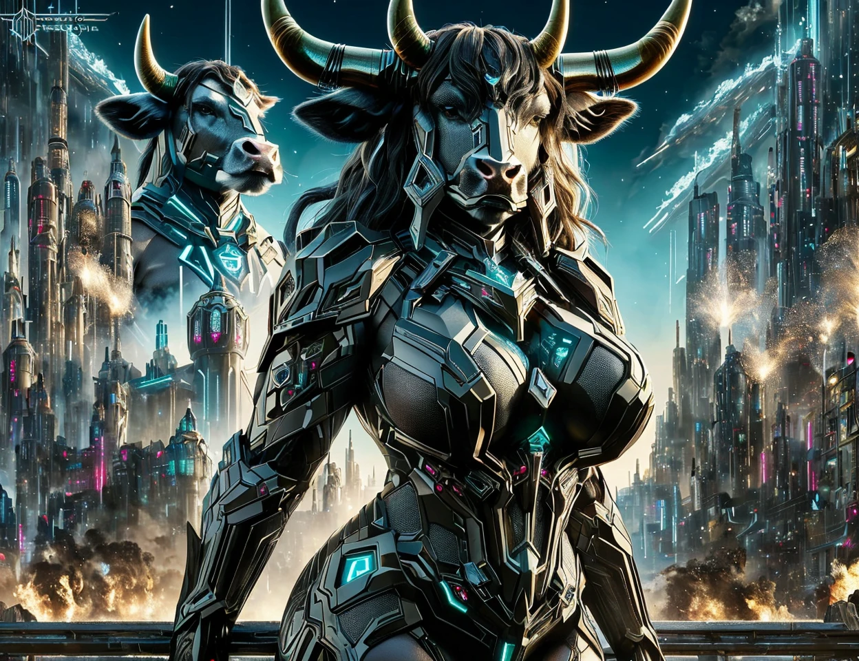 masterpiece illustration, detailed, DonMU17r4G34r minotaur, mythical creature, body of a woman, cow tail, bull horns, cow spots, gentle, friendly, large breasts, greek mythology, controlled,reminiscent,pyro,beyond the boundary,away from the city,branding,apocalyptic , <lora:DonMU17r4G34r-000008:0.9>
