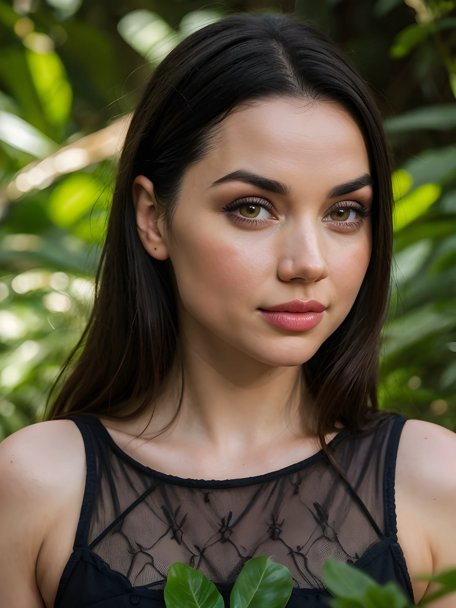 (best quality,ultra-detailed,photorealistic),young woman,beautiful eyes,detailed lips,pensive expression, soft lighting,vibrant colors, long flowing hair, stylish black bodyhug satin outfit, jungle background,colorful flowers,natural sunlight,serene atmosphere, hourglass figure, 4k details, crying face,  full body pose